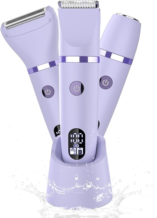 3-in-1 Electric Razor IPX7 Waterproof Bikini Trimmer Wet & Dry Use Painless Personal Trimmer Groomer for Ladies Face Body Legs Bikini Public Hairs Electric Lady Shaver with Replaceable Heads