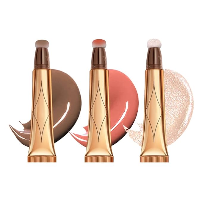 3 Color Contour Beauty Wand, Highlighter ，Blush，Face Concealer Contouring with Cushion Applicator Long Lasting & Smooth Matte Finish Liquid Illuminator Makeup Stick . (01#Contour +02#Blush+04#Highlighter)