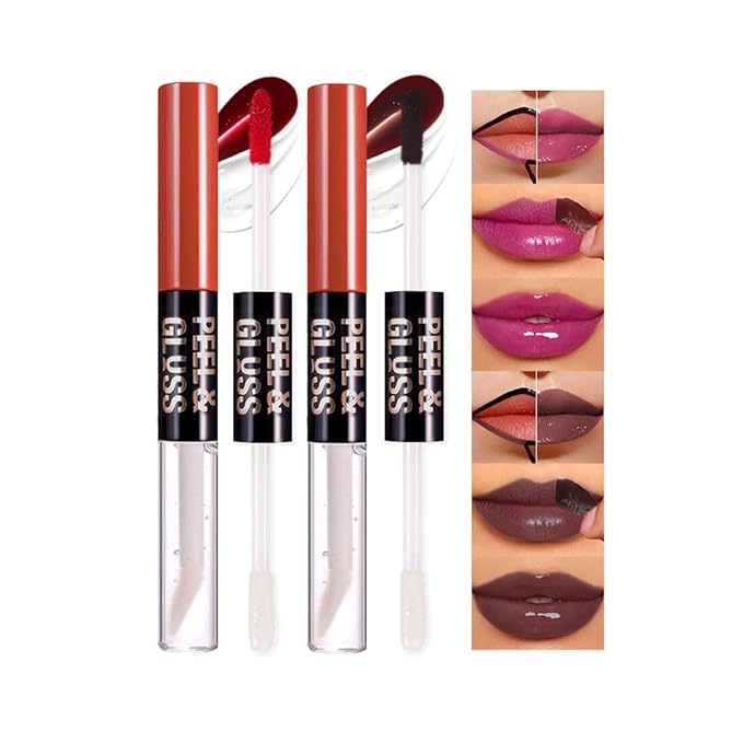 2Pcs Peel Off Lip Gloss Tattoo and Lip Oil 2-in-1, Lip Stain Peel Off Masque - Peel Off Lip Tint ,Long Lasting Waterproof Transfer-proof Lip Mask Lip Gloss Peel Off Lip Liner,Stay Lip Makeup #05+#07