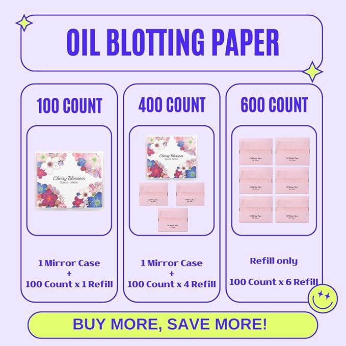 [600 Counts Refills Only] Cherry Blossom Natural Oil Blotting Sheets for Face with Mirror Case and Refills