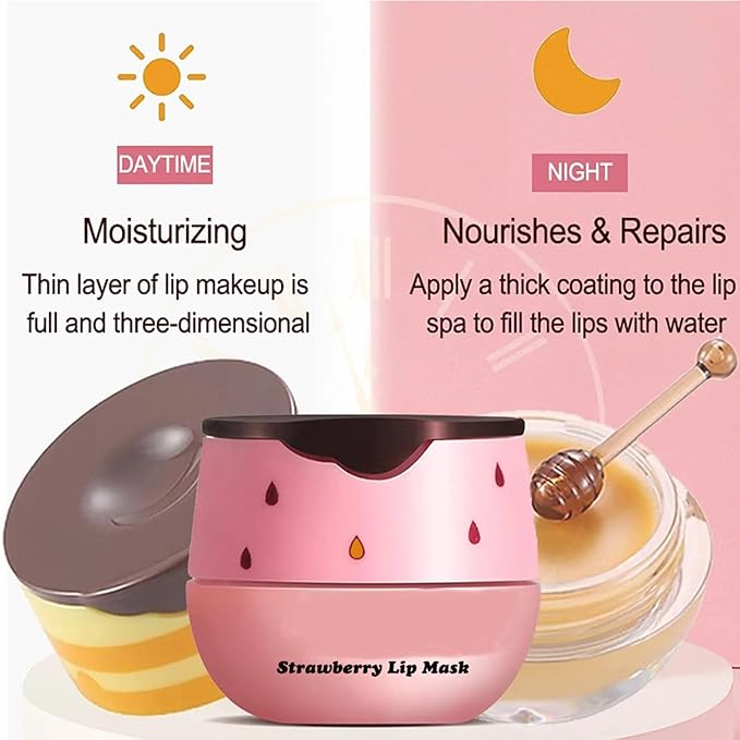 3Pcs Honey Lip Balm Honey Pot, Strawberry& Apple Lime Lip Mask Overnight Propolis Moisturizing Lip Balm Hydrating Prevention Dry and Crack Lip Scrubs Exfoliator, Beeswax with Vitamin E