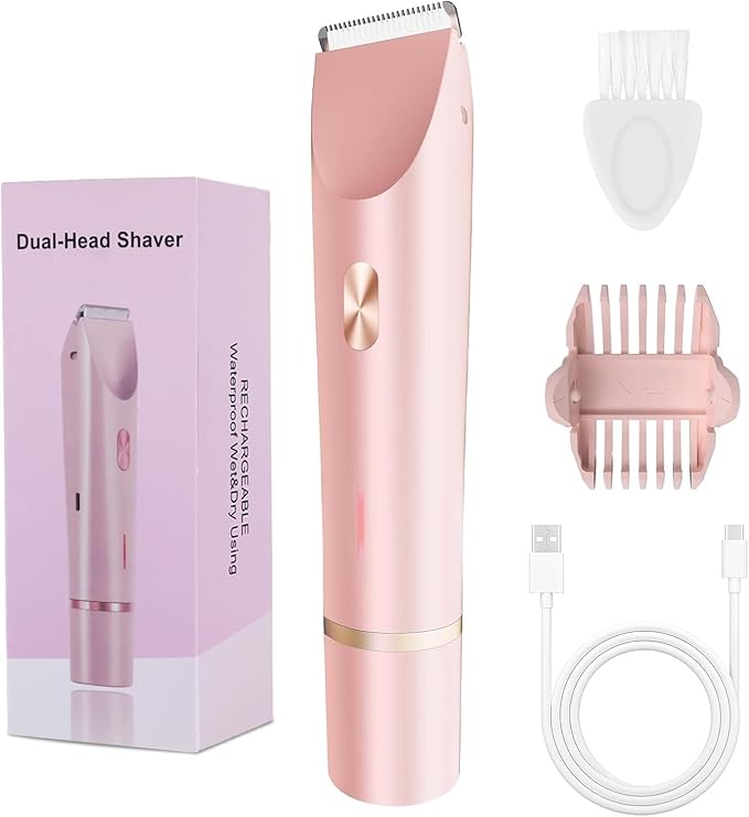 2-in-1 Bikini Trimmer for Women, Bikini Shaver with Dual Heads, Painless Body and Facial Hair Removal, Rechargeable Cordless Electric Razors for Face Chin Pubic Underarm Legs, IPX7 Waterproof, Pink