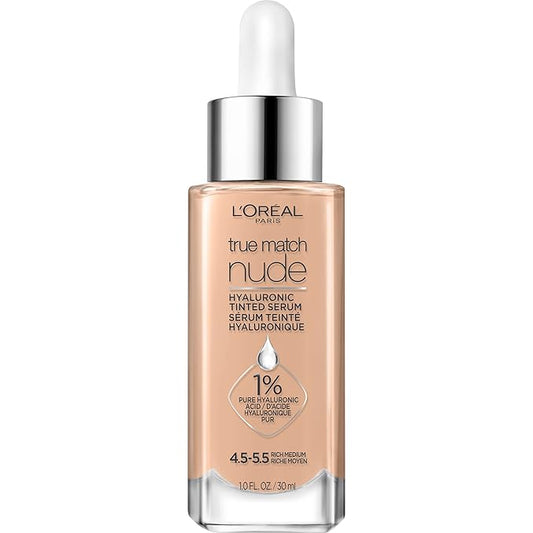 L'Oreal Paris True Match Nude Hyaluronic Tinted Serum Foundation with 1% Hyaluronic acid, Rich Medium 4.5-5.5, 1 fl. oz.