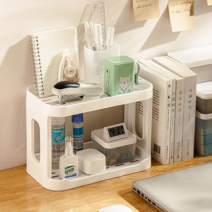 2-Tier Desk Organizers & Dispensers，Mail Holder for Office Desk Organization，Kitchen Spice Rack or Bathroom Countertop Organizer, Gift for Teachers, Classmates, and Friends,White