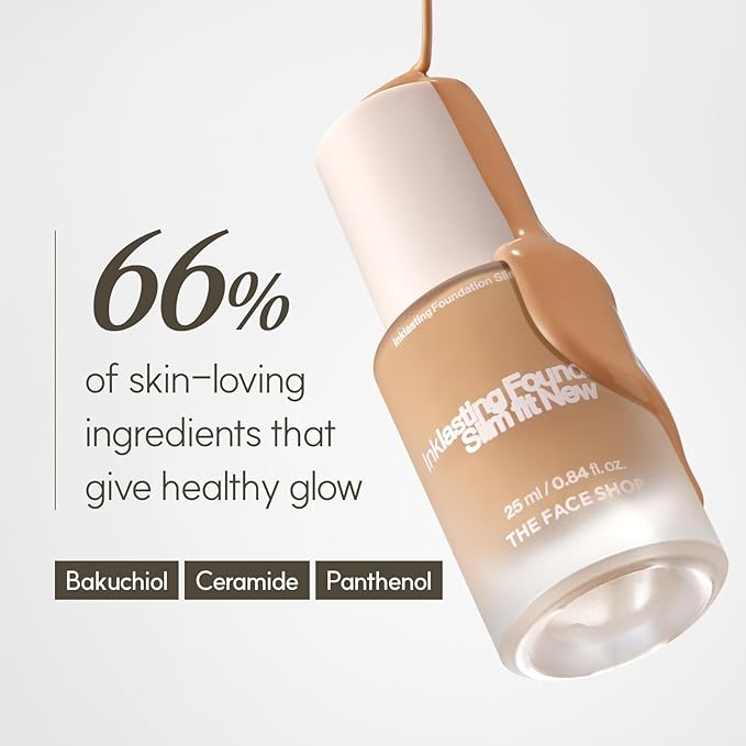 THE FACE SHOP Ink Lasting Liquid Foundation, Full Coverage, 72‑Hour Wear Semi‑Matte Finish, Makeup with Bakuchiol, N710 Espresso, 0.84 Fl. Oz.