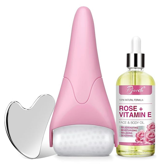 Ice Roller for Face & Eye, Vitamin E Rose Oil & Gua Sha Set, Gua Sha Oil for Face & Body, Reduces Puffiness Relieves Migraines Skin Care Tools, Facial Massager Tool & Self Care Gifts for Women