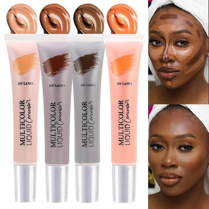Liquid Concealer Makeup 4Pcs,Corrector Foundation for Black Women Oily Dry Skin, Foundation Concealer in One Primer Face Makeup Full Coverage, Advanced Pore Minimizer, Lightweight All-Day Hold,0.67 oz