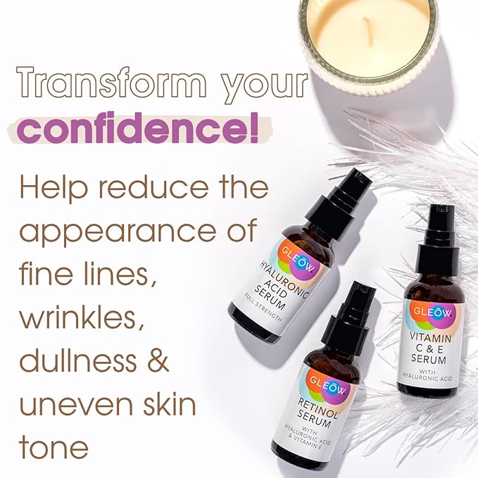 Retinol Serum for Face, Vitamin C with Hyaluronic Acid Face Serum for Women and Men, Glow Skin Care Set Total Package Targets Appearance of Uneven Skin Tone and Dryness 3x1oz