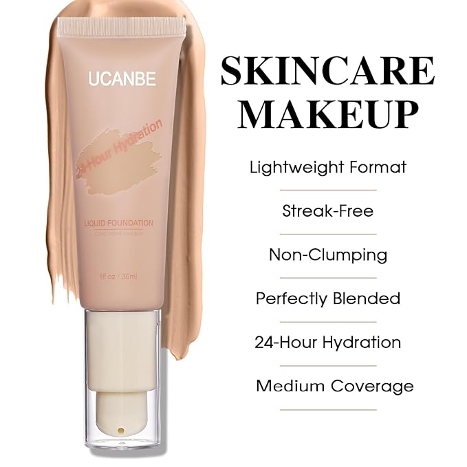 UCANBE Matte Liquid Foundation Makeup, Medium to Full Coverage Waterproof Longwear Serum Cream Foundation for Combination & Oily Mature Skin, Lightweight Hydrating & Nourishing, True Beige, 1 fl. oz.