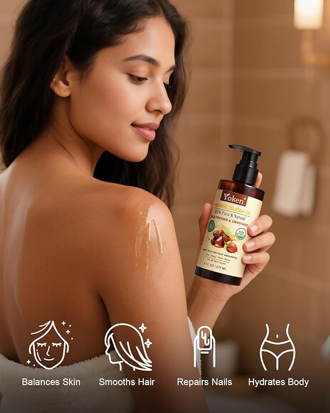 Yoken USDA Organic Jojoba Oil Cold Pressed 8 fl oz, 100% Pure & Natural Unrefined Jojoba Oil for Face Hair & Skin Massage, Hexane Free, Deeply Moisturizing Body Carrier oils Multi-Purpose Serum
