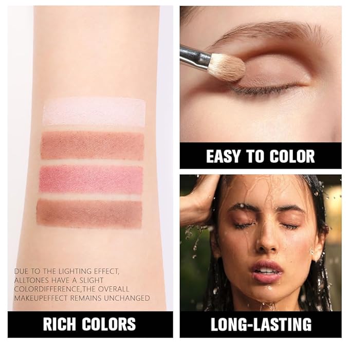 Powder Eyeshadow Quad, Rose Pink Chocolate Brown Shimmer Eye Shadow Palette Makeup, Neutral Vegan Matte Quads Eye Shadow Palette for Older Women Pigmented Waterproof, paleta de sombras de ojos