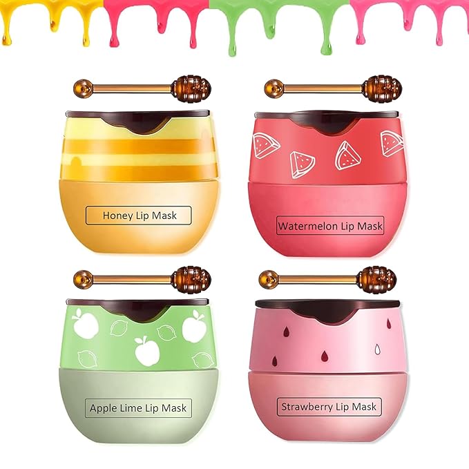 4 PCS Bee Lip Balm Honey Pot,Strawberry&Honey&Watermelon&Apple Lime Lip Sleeping Mask,Hydrating Prevention Dry and Cracked Lip Scrubs Exfoliator Lip Care,Moisturizing Lip Mask Overnight