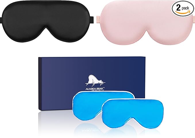 ALASKA BEAR Cooling Gel Eye Mask Weighted Silk Sleep Mask & Cotton Eyeshades Cold & Hot Compress for Pain Relief, 180g Heavy, 2 Set(Black & Pink)