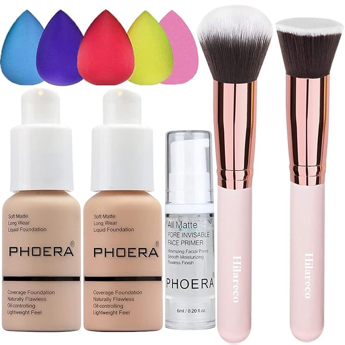 PHOERA Foundation 102 and 103 & Face Primer,Liquid Full Coverage Foundation Set,Foundation Brush Powder Brush,5 Makeup Sponge,30ml PHOERA 24HR Matte Oil Control Concealer (102 Nude + 103 Warm peach)