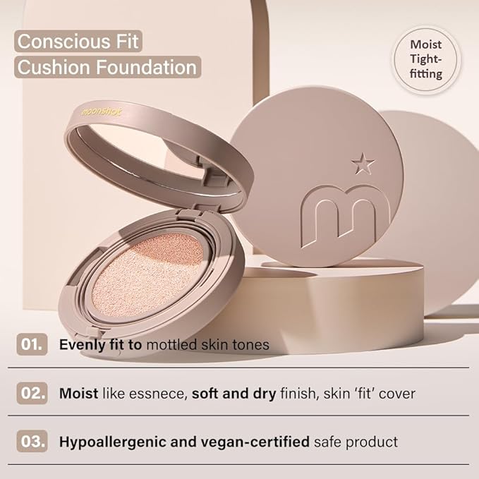 MOONSHOT KOREA Conscious Fit Cushion Foundation Medium Coverage, Long-Lasting & Buildable Foundation For A Smooth, Satin Finish, Vegan & Cruelty-Free,k-beauty (15N Cosmic Cream)