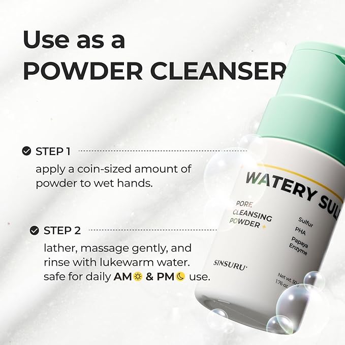 Watery Sulfur Pore Cleansing Powder, Korean Enzyme & Rice Powder & PHA Face Wash for Blackhead Removal, Sensitive and Acne-Prone Skin, Radiant Glow, Bumpy skin (1.76 oz / 50g)