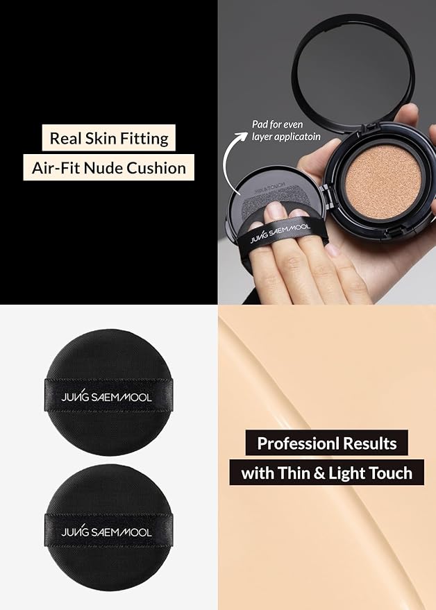 JUNG SAEM MOOL Essential Skin Nuder Longwear Cushion 0.98 Fl Oz (Light), Refill Included, 24H Lasting Cushion Foundation with High Coverage, Semi-Matte Natural Finish, Korean Foundation Makeup