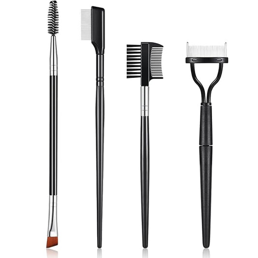 Skyley 4 Pieces Eyebrow Brush Eyelash Separator Brow Comb and Lash Spoolie Professional Eye Makeup Tools Metal Folding Lash Comb Black Double Head Eyelash Brush