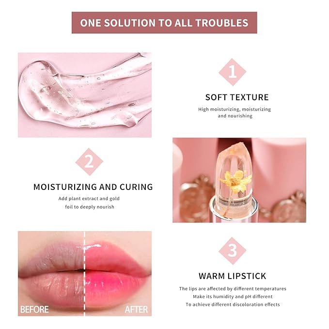 3 Pcs/Set Flower Jelly Lipstick Set Temperature Change Moisturizer Long Lasting Nutritious Balm Magic Color Change Lip Gloss (Flower Jelly Lipstick 040506)