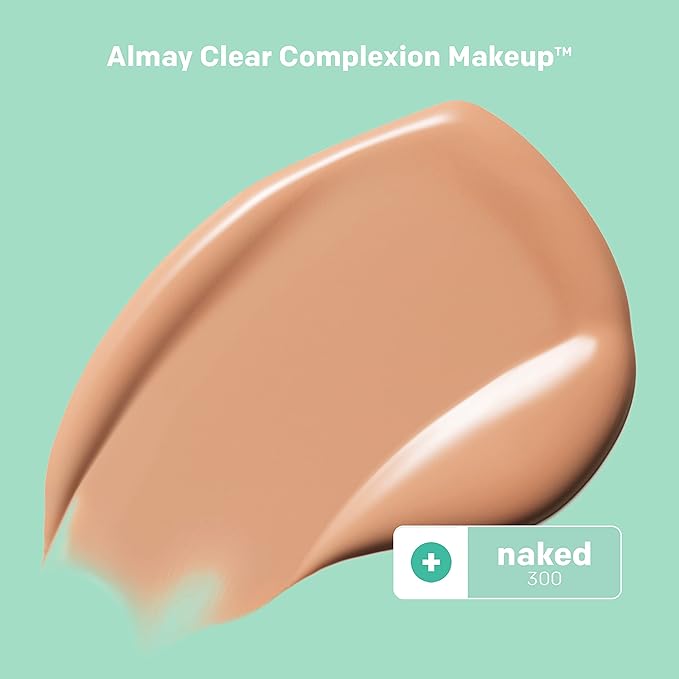 Almay Clear Complexion Acne Foundation Makeup with Salicylic Acid - Lightweight, Medium Coverage, Hypoallergenic, Fragrance-Free, for Sensitive Skin, 300 Naked, 1 fl oz.