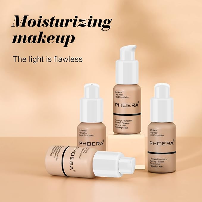 BestLand 2Pack PHOERA Foundation Full Coverage Liquid Foundation Cream - Long-lasting Lightweight Concealer - Oil-Free Formula - Natural Shade - Suitable for All Skin Types (104 Buff Beige & 105 Sand)