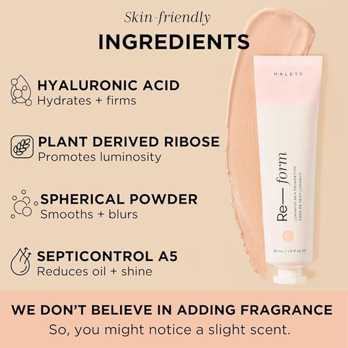 HALEYS Re-form Luminous Skin Foundation, VEGAN + CRUELTY-FREE, Blurs, Conceals, Blendable, Buildable Med-to-Full Coverage, Weightless, Oil-free, All-Day Wear, Hyaluronic Acid, All skin types (2.15)