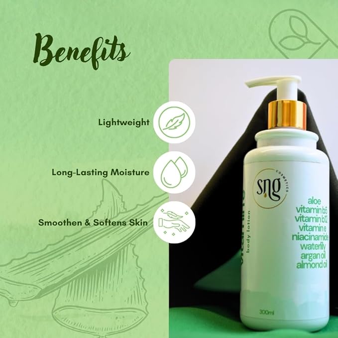 Aloe Vera Lotion for Dry Skin - Hand & Body Moisturizing Vitamin E Lotions 10.14 Fl Oz - Waterlily, Argan oil and Almond oil Extracts Skincare