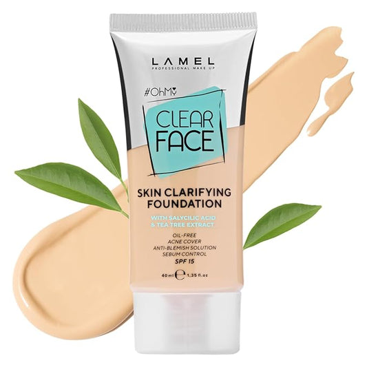 LAMEL OhMy Clear Face Full Coverage Foundation - Acne Coverage - Salicylic Acid & Tea Tree Extract - Dewy & Flawless Finish - Sensitive Skin Care - Organic & Oil-Free - 401, 1.35 fl.oz
