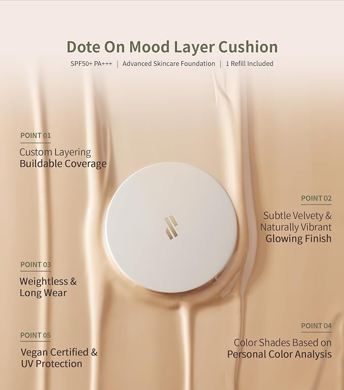 Heart Percent Dote on Mood Layer Cushion SPF 50+/PA+++ with Refill, Satin Glow Silky Flawless Finish Full Coverage Advanced Skincare Foundation (#21P)