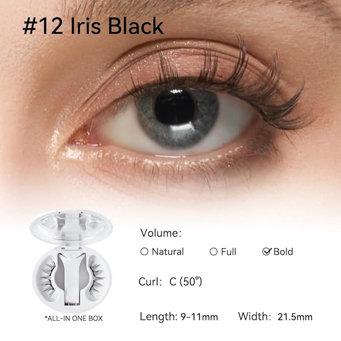 Soft Magnetic Eyelashes Kit with Applicator, No.12 Iris Black, Reusable Glue-free Wispy Magnetic Lashes, Cruelty-free False Lashes, Waterproof, Lightweight, Suit for Heavy Makeup