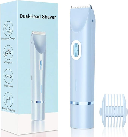 2025 New 2-in-1 Electric Bikini Trimmer for Women - Dual Head Electric Razor,Waterproof Painless Bikini Shaver, Pubic Hair Trimmer for Private Area & Body Hair, Blue