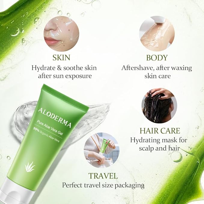 Aloderma 99% Organic Aloe Vera Gel Made within 12 Hours of Harvest, Easy Travel Size Tube for Body, Face, & Scalp, Cooling, Soothing Instant Relief for Skin & Sunburn, Hydrating Aloe Gel, 1.5oz