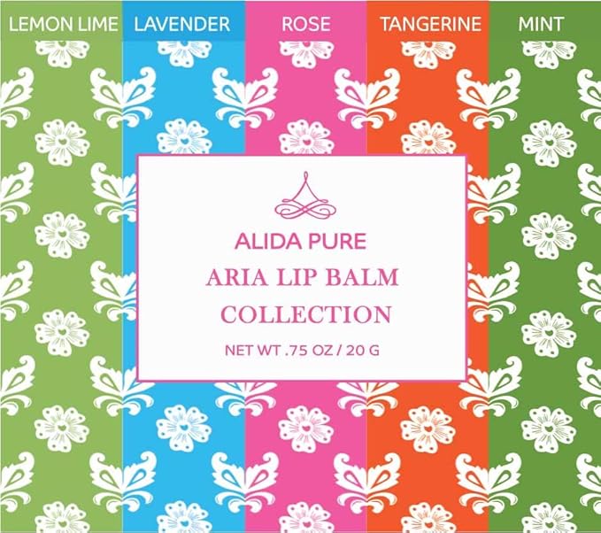 Aria Lip Balm Collection, Vegan Lip Balm Set, Beeswax Free, with Avocado Oil, Organic Jojoba Oil, and Vitamin E, Natural Moisturizer for Dry, Chapped Lips, 5 Tube Set