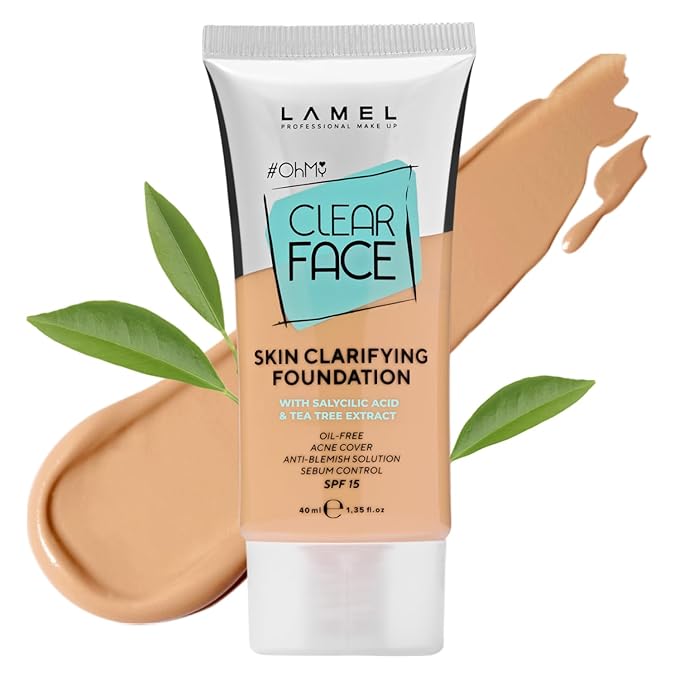 Lamel - Oh my Clear Face Foundation-404 Custard | Contains tea tree extract and salicylic acid |Controls sebum production |Anti-blemish formula |Oil free foundation | 40ml