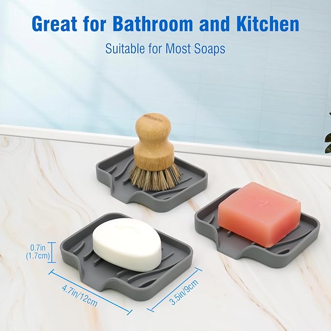 3-Pack Silicone Soap Dish Bar Soap Holder, Self Draining Soap Tray for Shower, Bathroom, Kitchen, Bathtub (Grey)