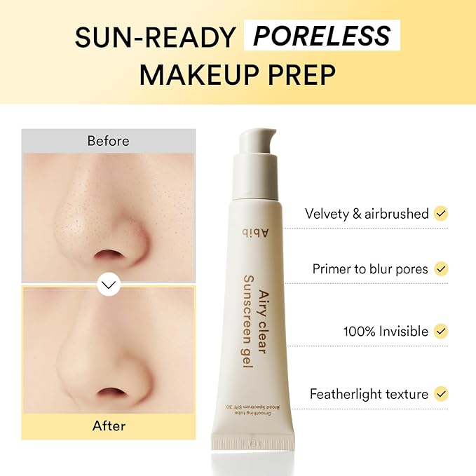 Abib Airy Clear Sunscreen Gel SPF30 1.01 fl.oz / 30 g (Semi- matte) | Korean Suncreen, Suncare, Sunblock, No White cast, Reef Safe, Primer poreless