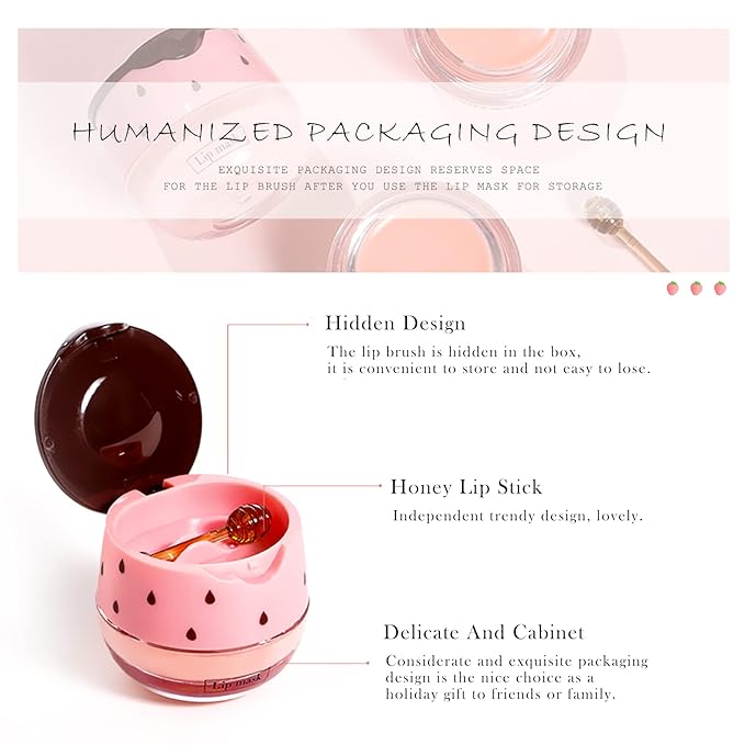 2PCs Strawberry Lip Sleeping Mask,Bee Lip Balm Honey Pot, Bee Lip Honey Pot with Wand Nourishes Lips, Overnight Strawberry Propolis Honey Balm Lip Mask for Lip Care Moisturize Lip Skin