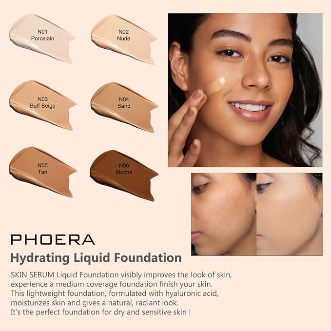 PHOERA Essence Foundation,Hydrating Waterproof and Light Long Lasting Hypoallergenic Full Coverage Foundation Serum. (N06 Mocha)