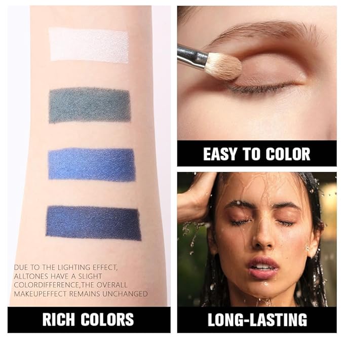 4 Colors Dark Peacock Green White Navy Sapphire Blue Eye Shadow Powder Palette Makeup, Highly Pigmented Waterproof Matte Shimmer Cream Quads Eyeshadow Palette for Women, paleta de sombras de ojos 08