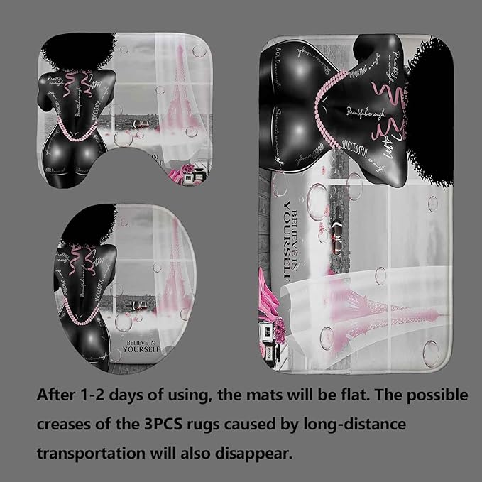 4PCS African American Black Girl Shower Curtain Set, Pink Eiffel Tower Sexy Black Woman Afro Girl Black and White Fashion Glam Modern Bathroom Decor, Non-Slip Bath Mat, Inspirational Gifts for Women