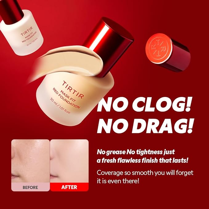 TIRTIR Mask Fit Red FoundationㅣLong Lasting Flawless Coverage, Energy Essence, Lightweight, Hydrating, Pore-Blurring, Breathable Satin Finish, Makeup, Radiant Skin, #17C Porcelain, 1.01 Fl Oz