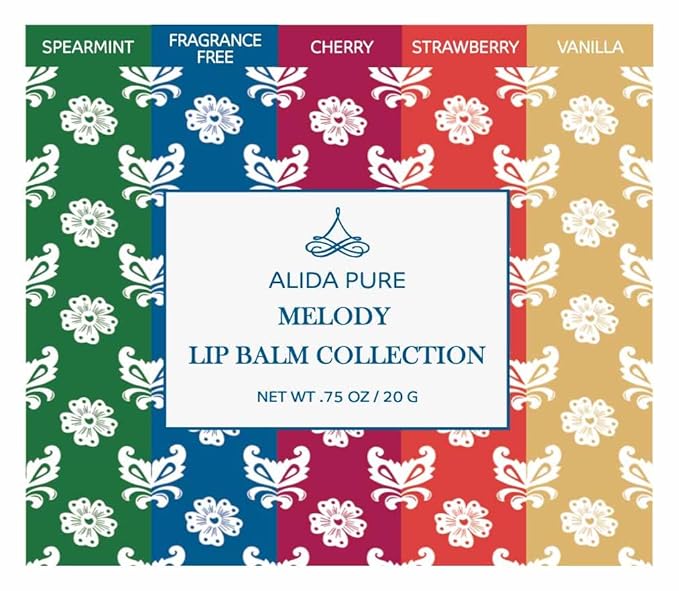 ALIDA PURE Melody Lip Balm Collection, Vegan, Lip Balm, Beeswax Free, with Avocado Oil, Organic Jojoba Oil, and Vitamin E, Natural Moisturizer for Dry, Chapped Lips, 5 Tube Set