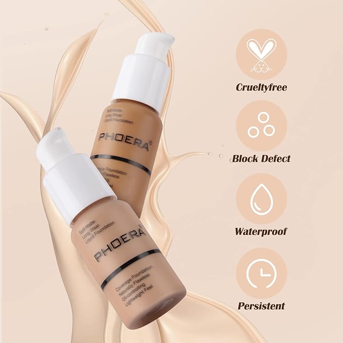 PHOERA Foundation Makeup Naturally Liquid Foundation Full Coverage Mattle Oil-Control Concealer 8 Colors Optional,Great Choice For Gift (#103 Warm Peach,30ml)