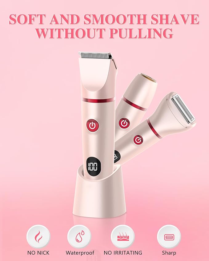 3-in-1 Bikini Trimmer for Women, Electric Razors Shaver for Public Hair - Rechargeable Body Hair Trimmer, Portable Detachable Removal Kit, lPX7 Waterproof Lightweight with LED Display, Gift for Women