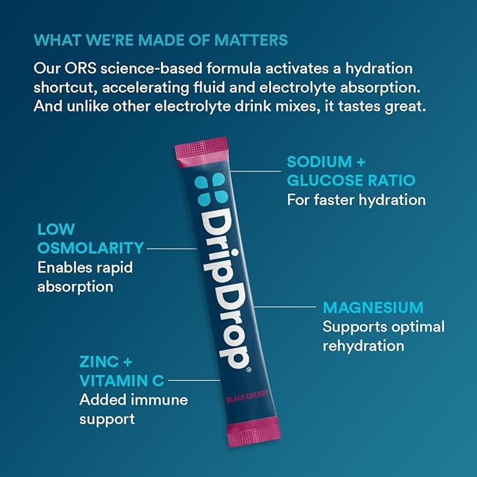 DripDrop Hydration Packets - Sunburst Variety Pack - Single Serve Electrolytes Powder Drink Mix - Lemon Lime, Strawberry, Peach, Black Cherry - Non-GMO, Gluten Free, Vegan - 16 Sticks