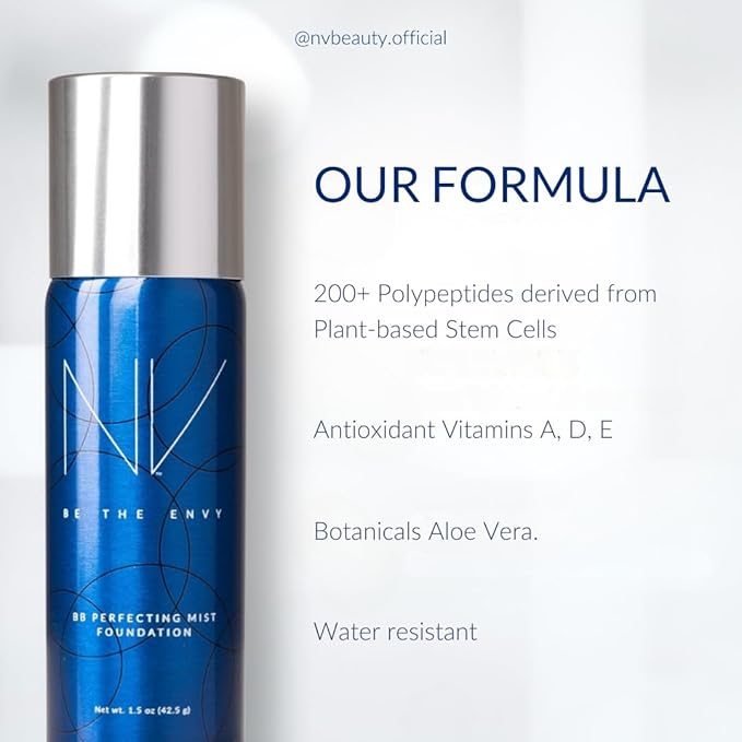 NV BB Perfecting Mist Foundation Buildable Coverage Professional Airbrush Makeup with Plant-based Stem Cell Polypeptides, Vitamins A, D, E and Aloe, 1.5 ounces, Warm Honey