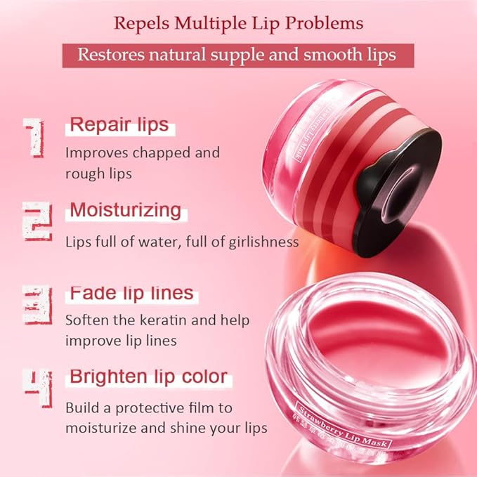 2PCS Strawberry Pot Lip Balm with Brush,Lip Exfoliating Balm Sleeping Lip Mask,Hydrating Prevention Dry and Cracked Lip Scrubs Exfoliato Lip Sleeping Mask Reduces Lip Lines Lip Care Products