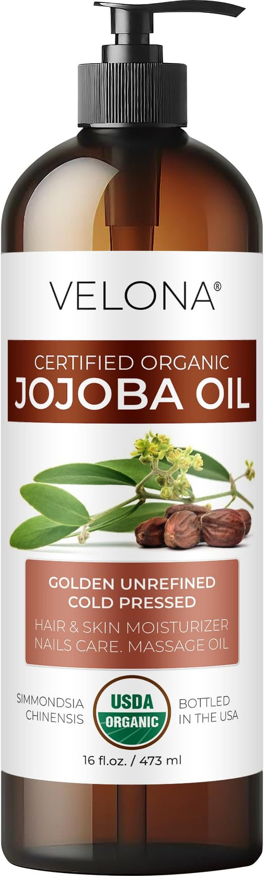 velona Jojoba Oil USDA Certified Organic - 16 fl oz (With Pump) | 100% Pure and Natural | Golden, Unrefined, Cold Pressed, Hexane Free | Moisturizing Face, Hair, Body, Skin Care