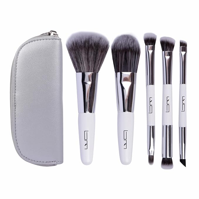 Travel Makeup Brushes Set w/Pouch, 5PCS Double Ended Portable Mini Cosmetic Brushes Kit for Foundation, Eyeshadow, Lip, Blush Make Up Brushes Professional(White)
