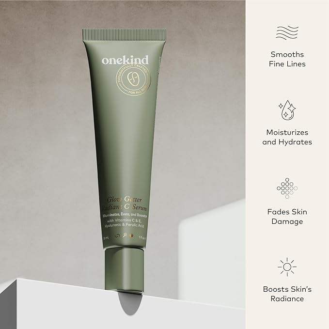 Onekind Radiant C Face Serum, Anti-Aging Facial Treatment with Hyaluronic Acid, Tetrahexyldecyl Ascorbate, Ferulic & Vitamin E, Serum for Dark Spots, Even Skin Tone, Fine Lines & Wrinkles